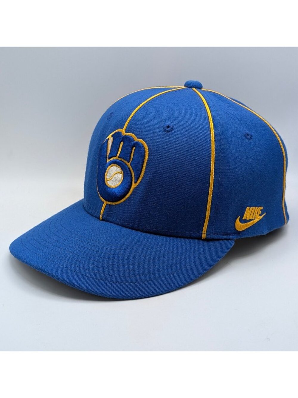 Milwaukee Brewers Nike MLB Vintage Striped Flex Fitted Cap Hat Blue Gold Size M